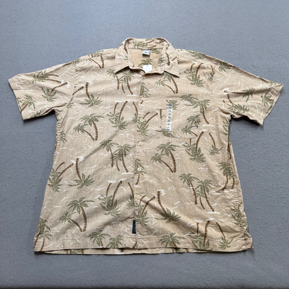 NEW Old Navy Button Down Shirt Men's Large Tan Linen Palm Tree Tropical Beach